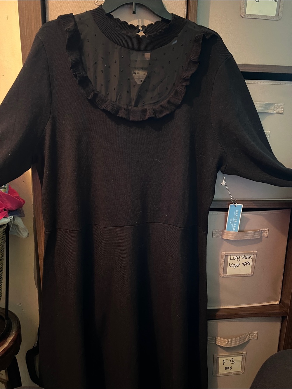Draper James Black Midi Dress with Sheer Ruffle Yoke